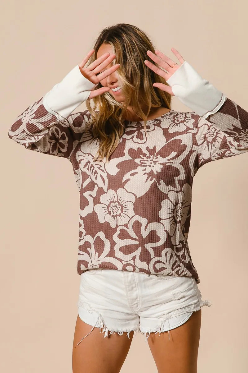 BiBi Flower Printed Waffle Thumb Opening Top