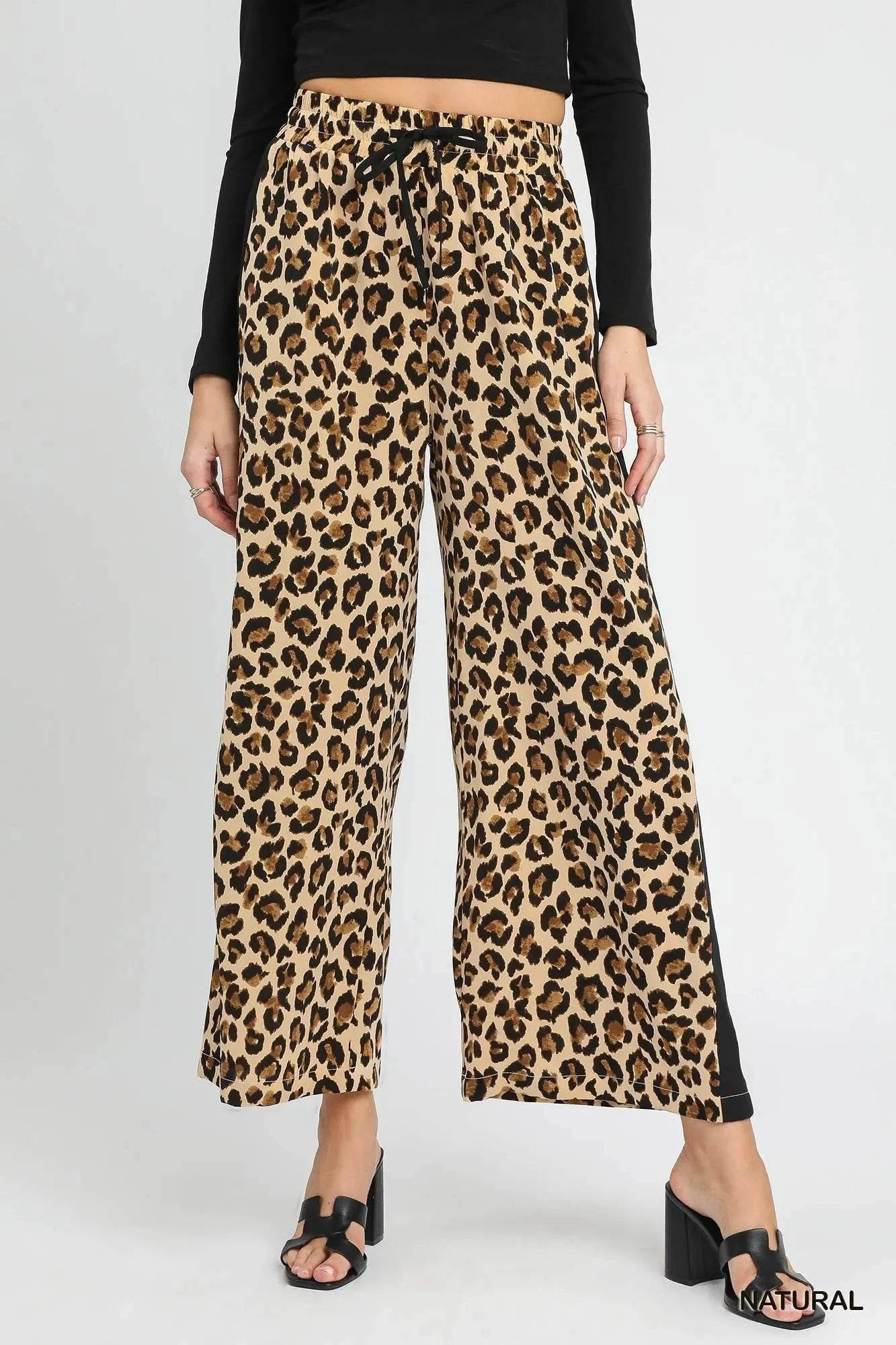 Umgee Leopard Print Wide-Leg Drawstring Pants