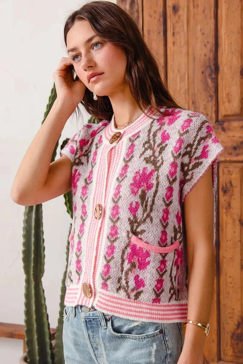 SO ME Button Front Floral and Stripe Knitted Sweater Vest