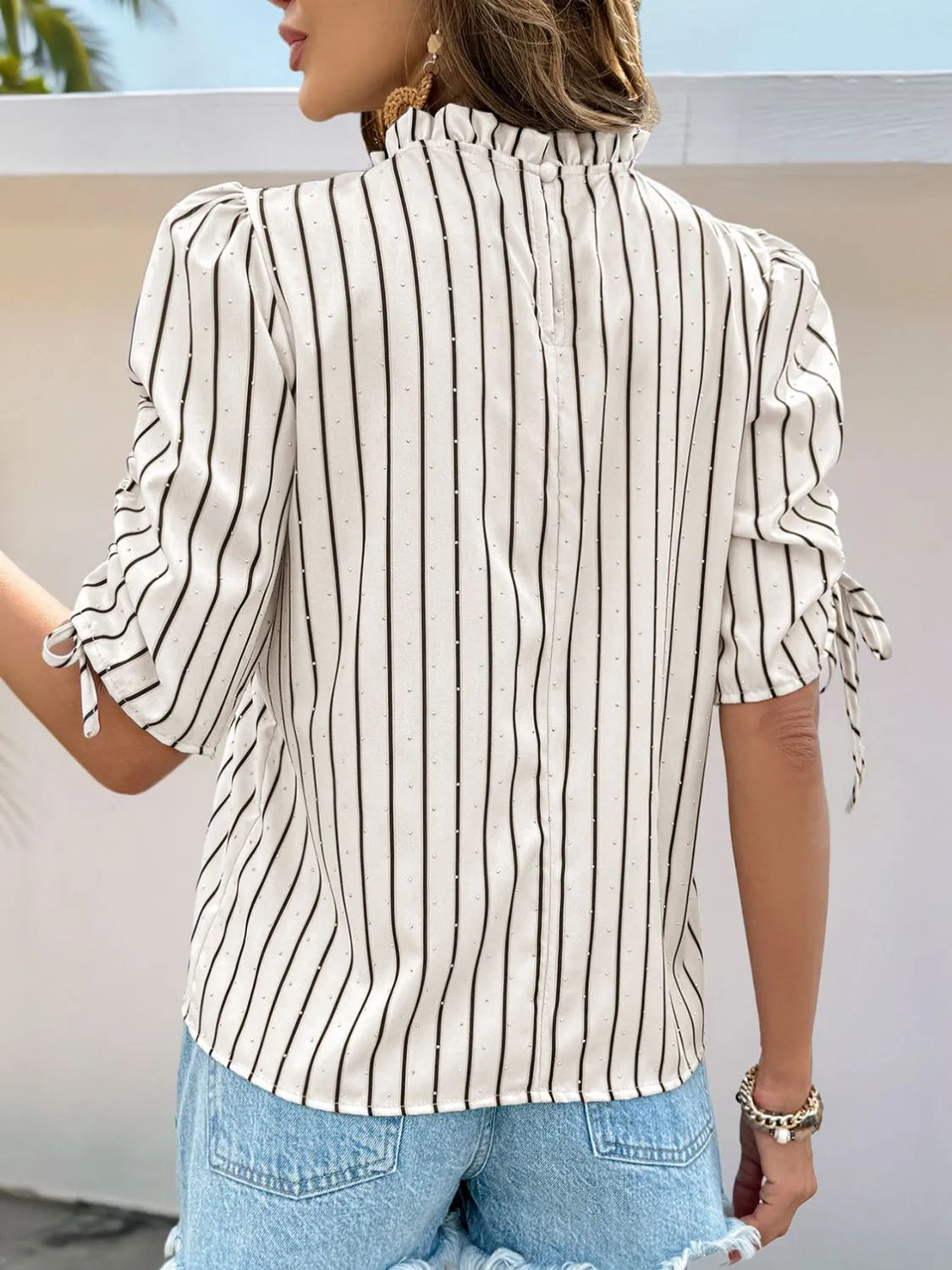 Drawstring Striped Half Sleeve Blouse