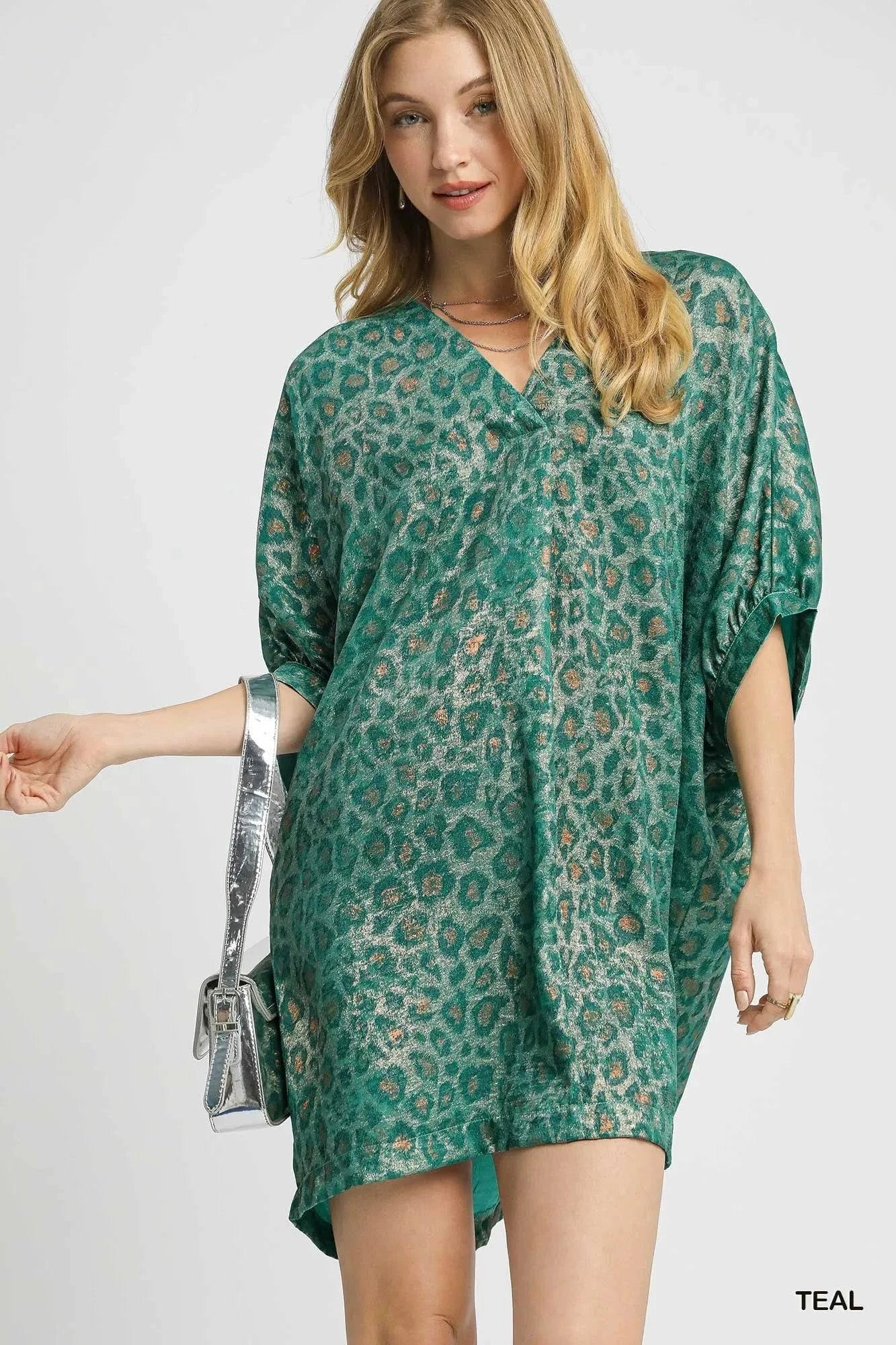Umgee Metallic Leopard Print V-Neck Kimono Dress