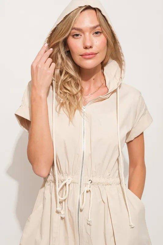 And The Why Short Sleeve String Details Hooded Mini Dress