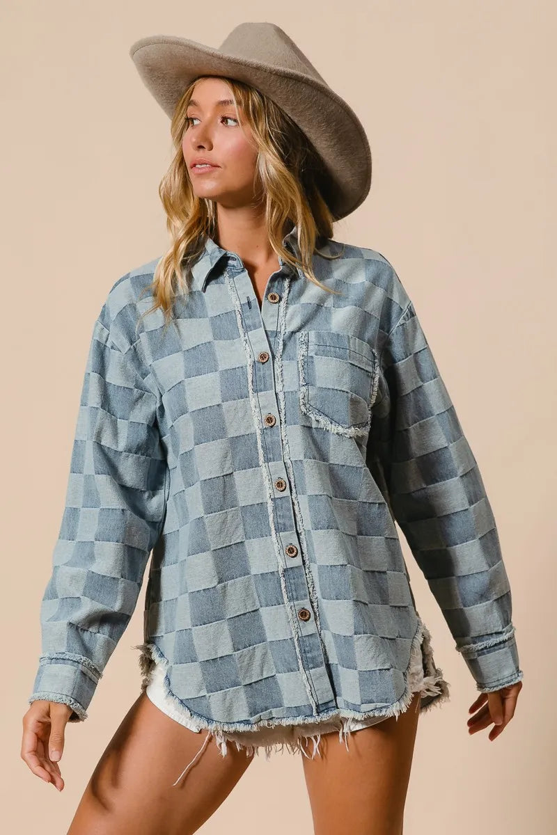 BiBi Frayed Edged Detail Washed Checker Denim Shirt