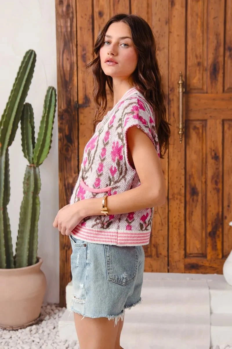 SO ME Button Front Floral and Stripe Knitted Sweater Vest