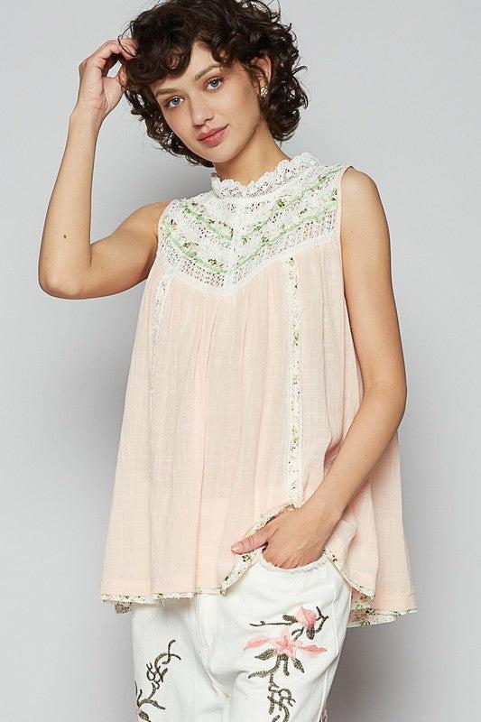POL Lace Detail Floral Sleeveless Rayon Gauze Top