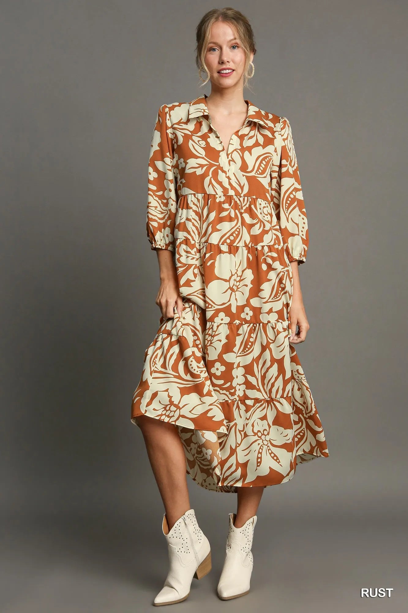 Umgee Full Size Floral Tiered Midi Shirt Dress Plus Size