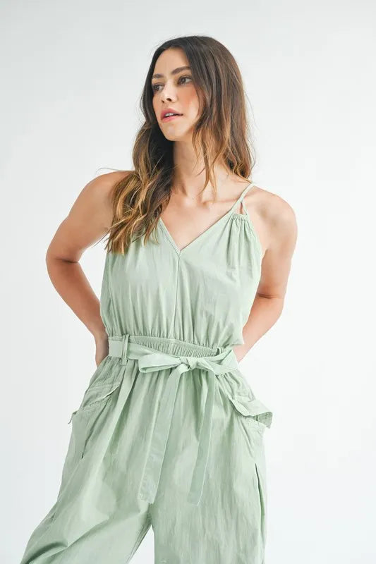 MABLE Washed Fabric Spaghetti Strap Waist Belted Jumpsuit