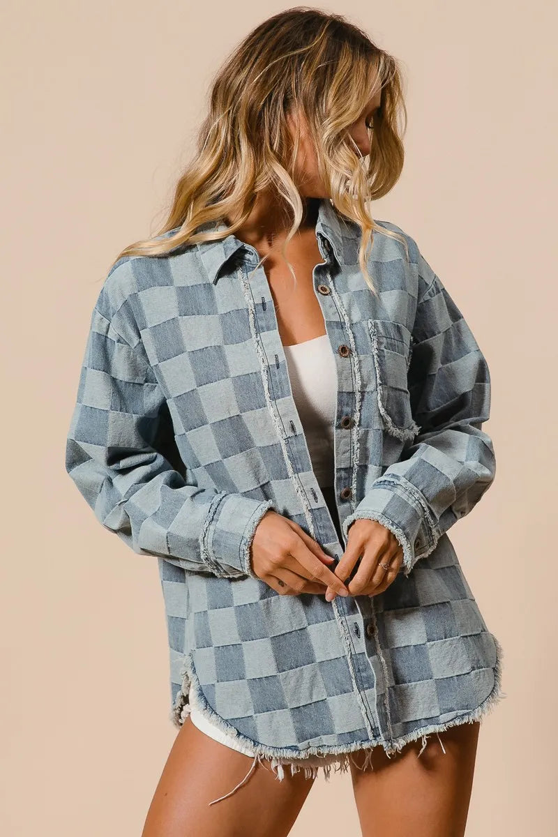 BiBi Frayed Edged Detail Washed Checker Denim Shirt