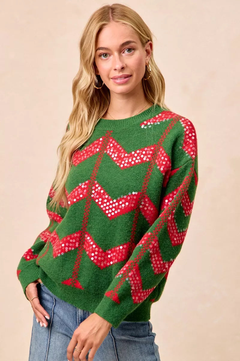 BiBi Christmas Theme Chevron Sequins Detail Sweater