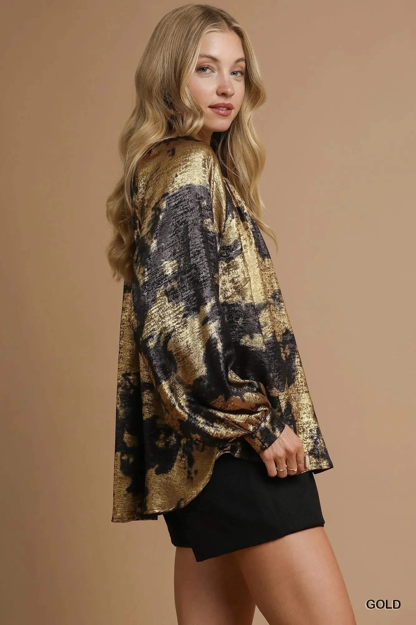 Umgee Metallic Fabric Blouse with Balloon Sleeves