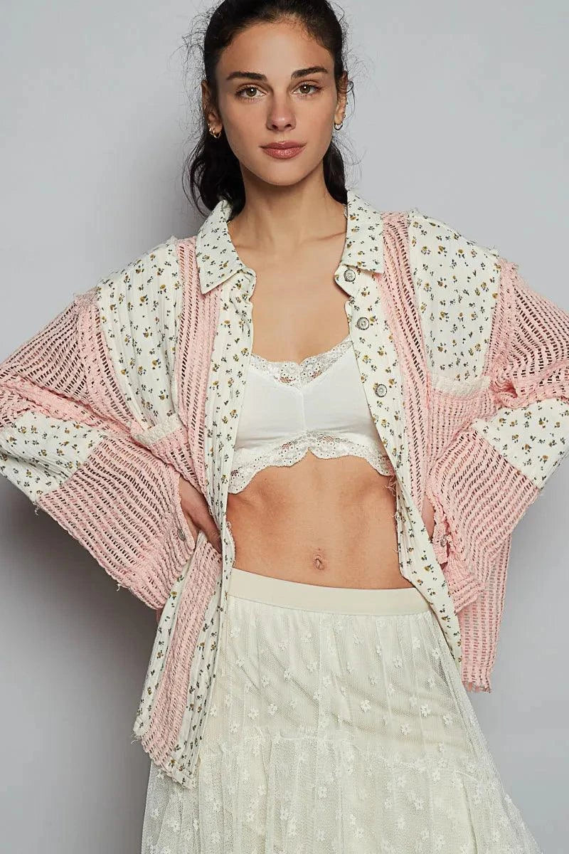 POL Floral Crochet Patchwork Long Sleeve Shirt