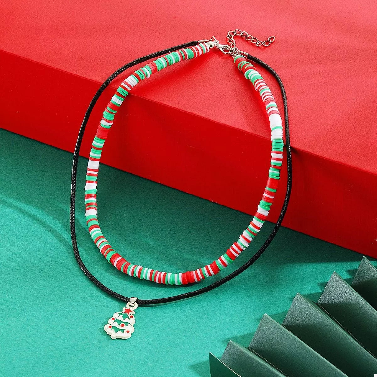 Colorful Double Layered Necklace with Christmas Tree Pendant