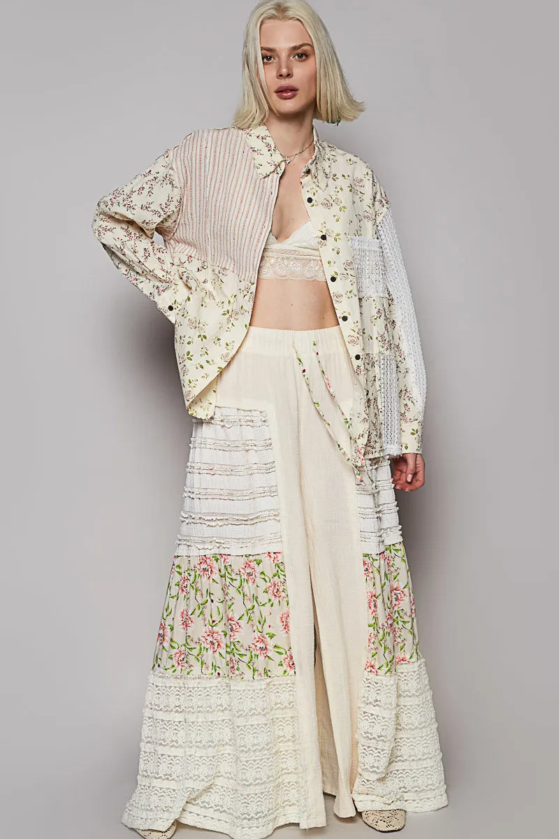 POL Lace Patchwork Floral Button-Up Shirt