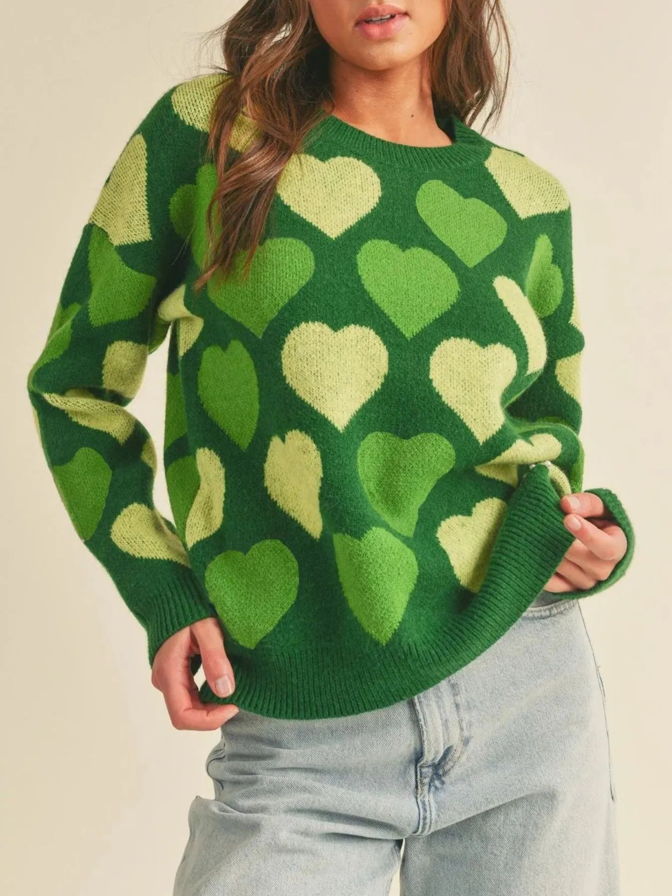 Heart Ribbed Hem Long Sleeve Sweater