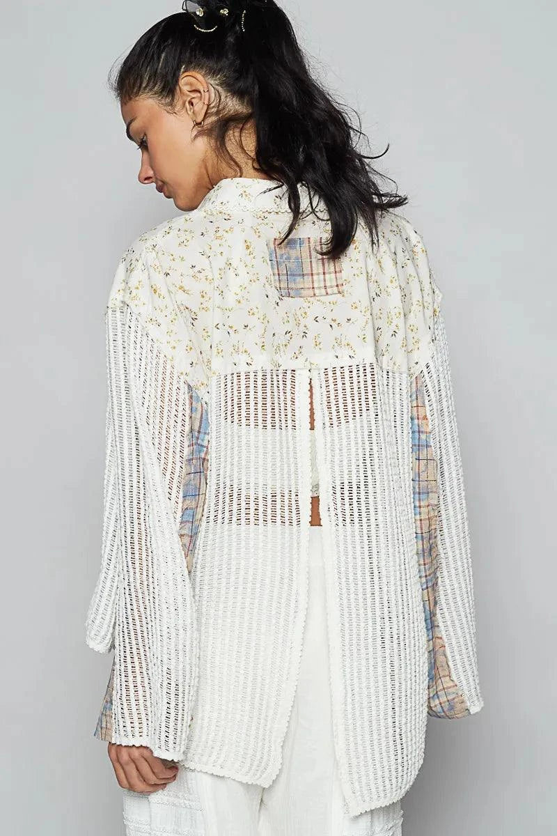 POL Floral Slit Back Plaid Patchwork Shirt