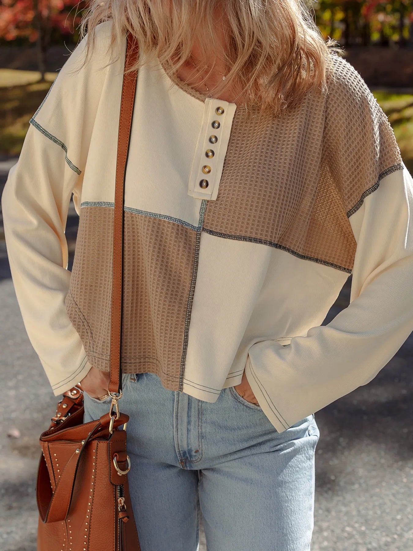 Color Block Waffle Knit Stitch Detail Long Sleeve Top