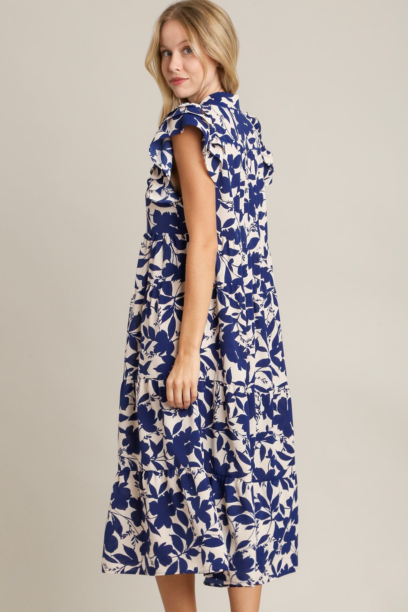 Umgee Floral Collared Ruffle Cap Sleeve Midi Dress