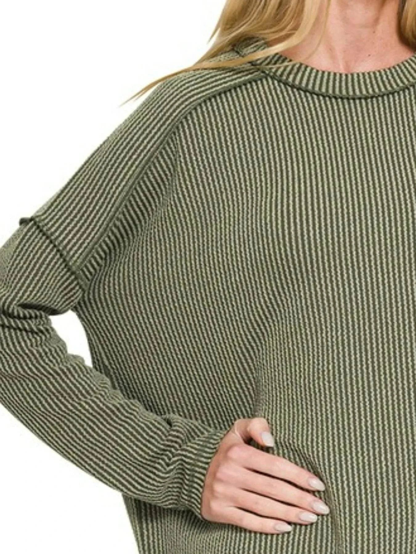 Zenana Full Size Exposed Seam Long Sleeve Corded Rib Knit Top Plus Size
