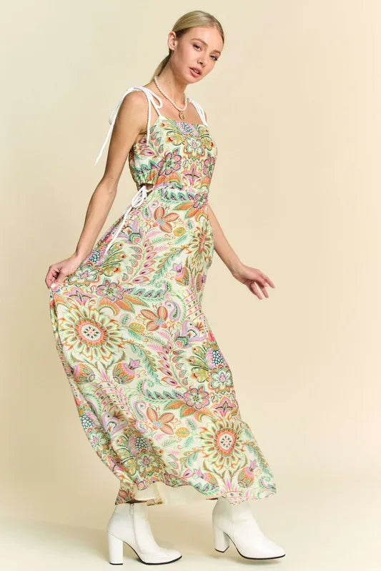 Davi & Dani Tropical Boho Printed Detail Cut Out Maxi Dress