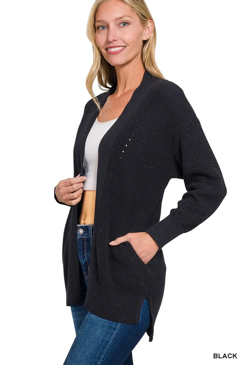 Zenana Eyelet Open Sweater Cardigan with Pockets