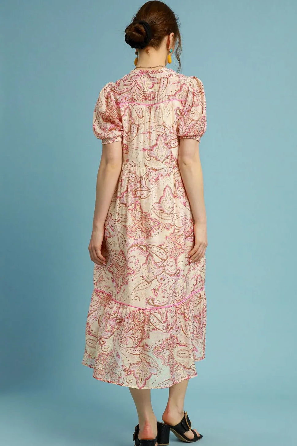 Umgee Full Size Printed Puff Short Sleeve Midi Dress Plus Size