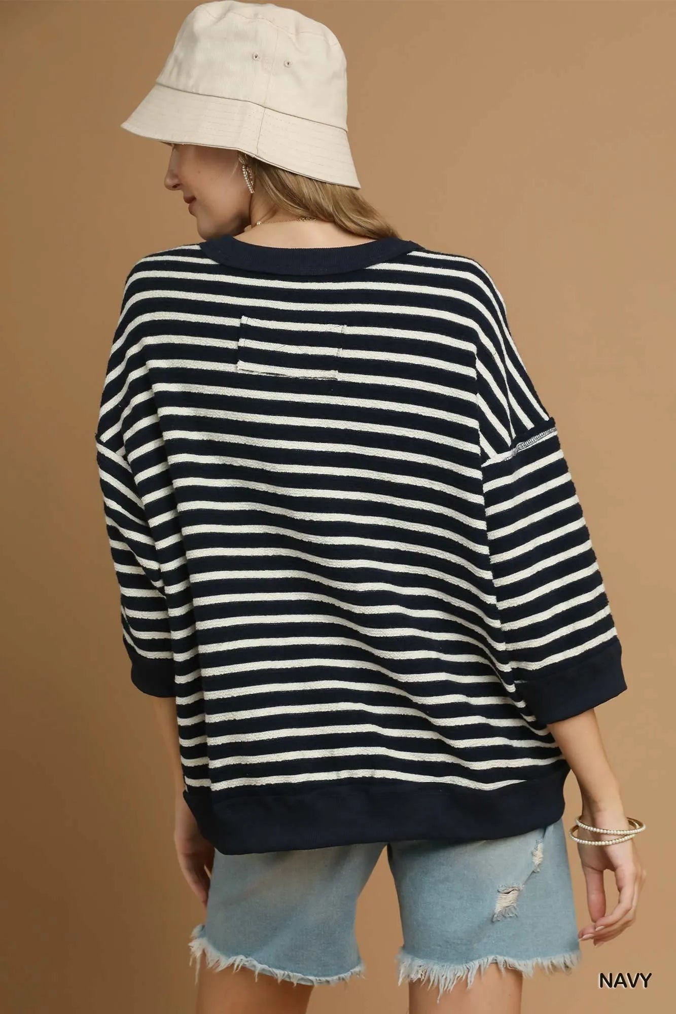 Umgee Ribbed Hem Striped Oversized Knit Top