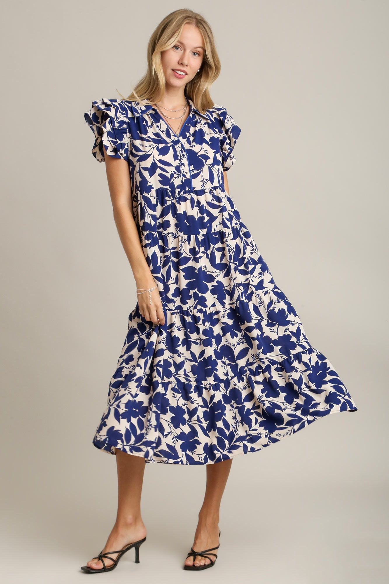 Umgee Floral Collared Ruffle Cap Sleeve Midi Dress