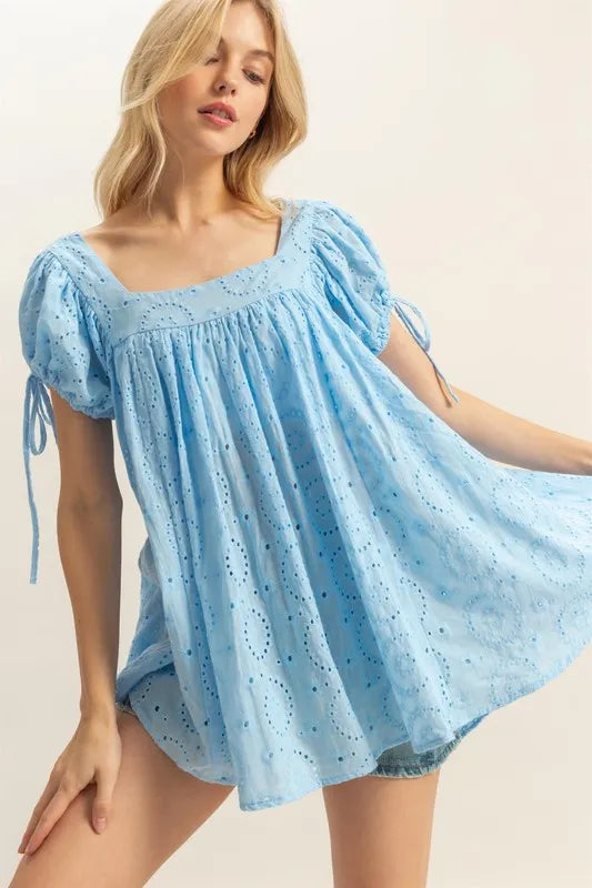 HYFVE High-Low Eyelet Square Neck Short Sleeve Blouse