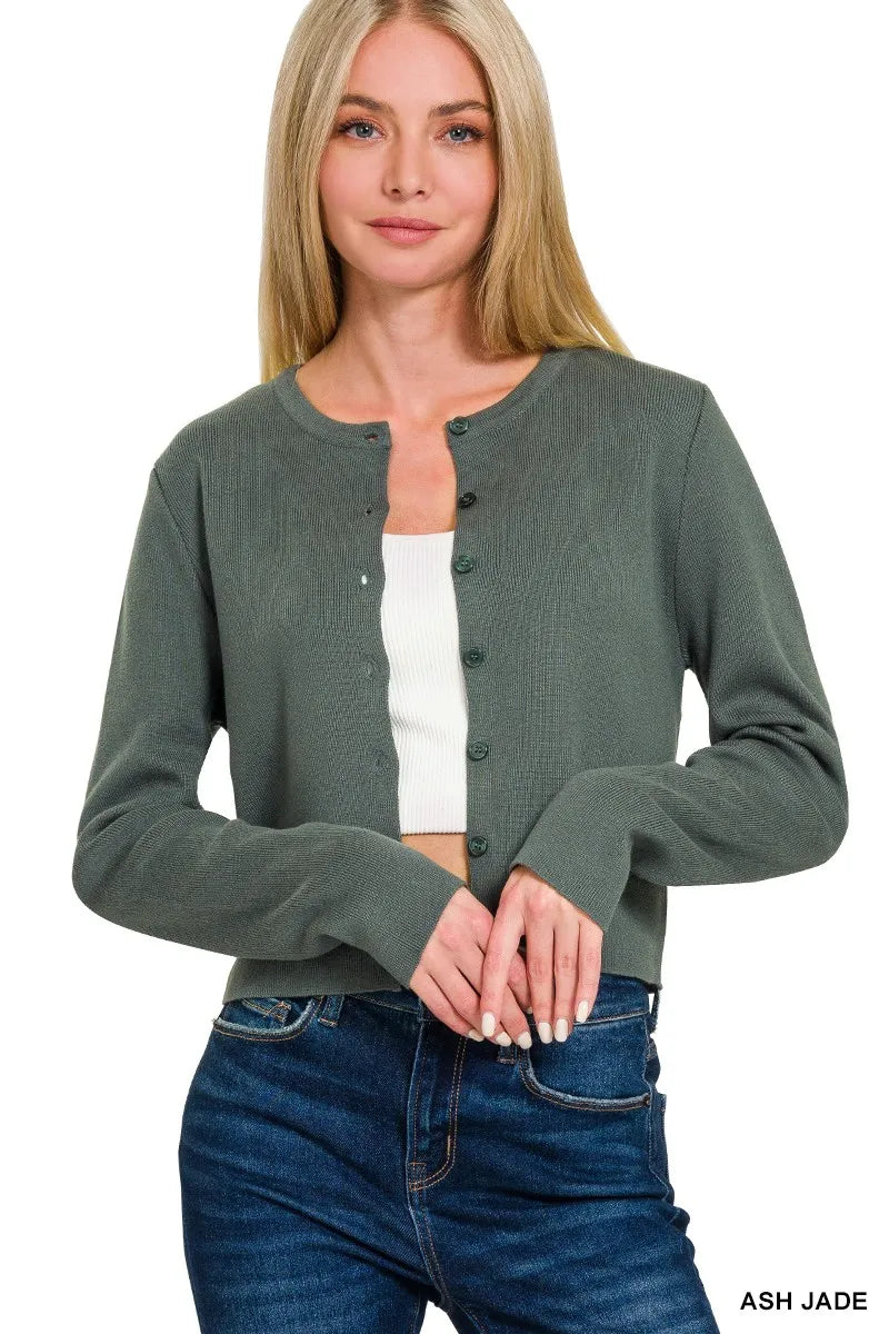 Zenana Button-Front Crewneck Long Sleeve Cropped Cardigan
