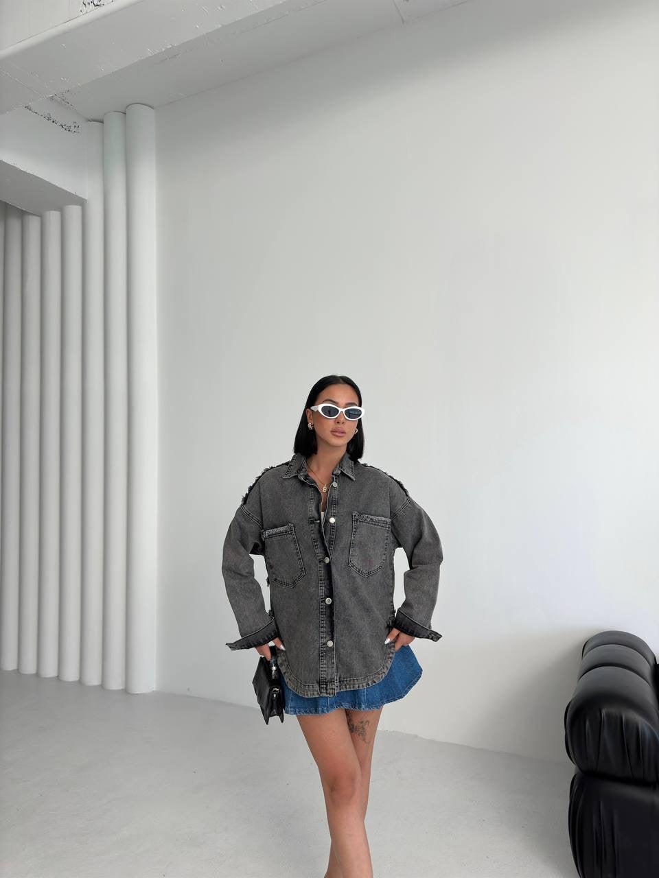 Oversized Distressed Denim Shirt for Women – Light Blue or Dark Grey | Casual Denim Overshirt