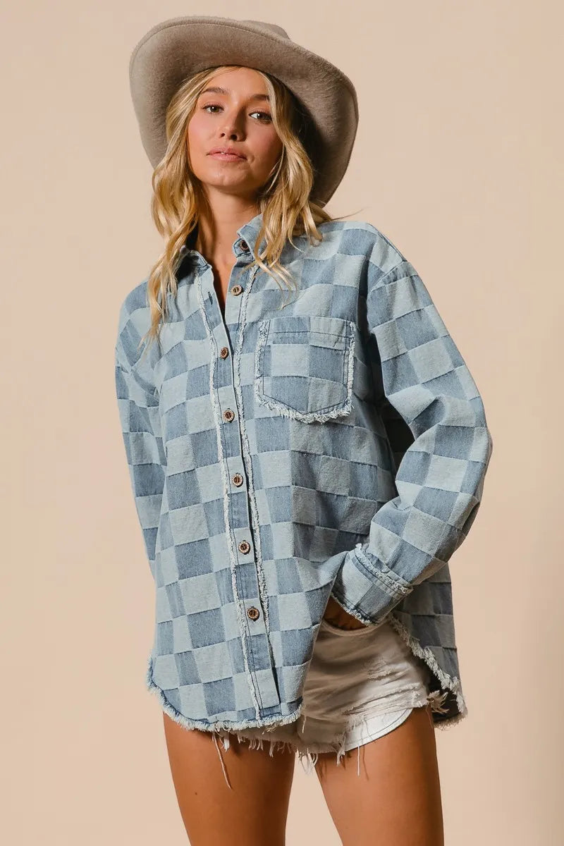 BiBi Frayed Edged Detail Washed Checker Denim Shirt