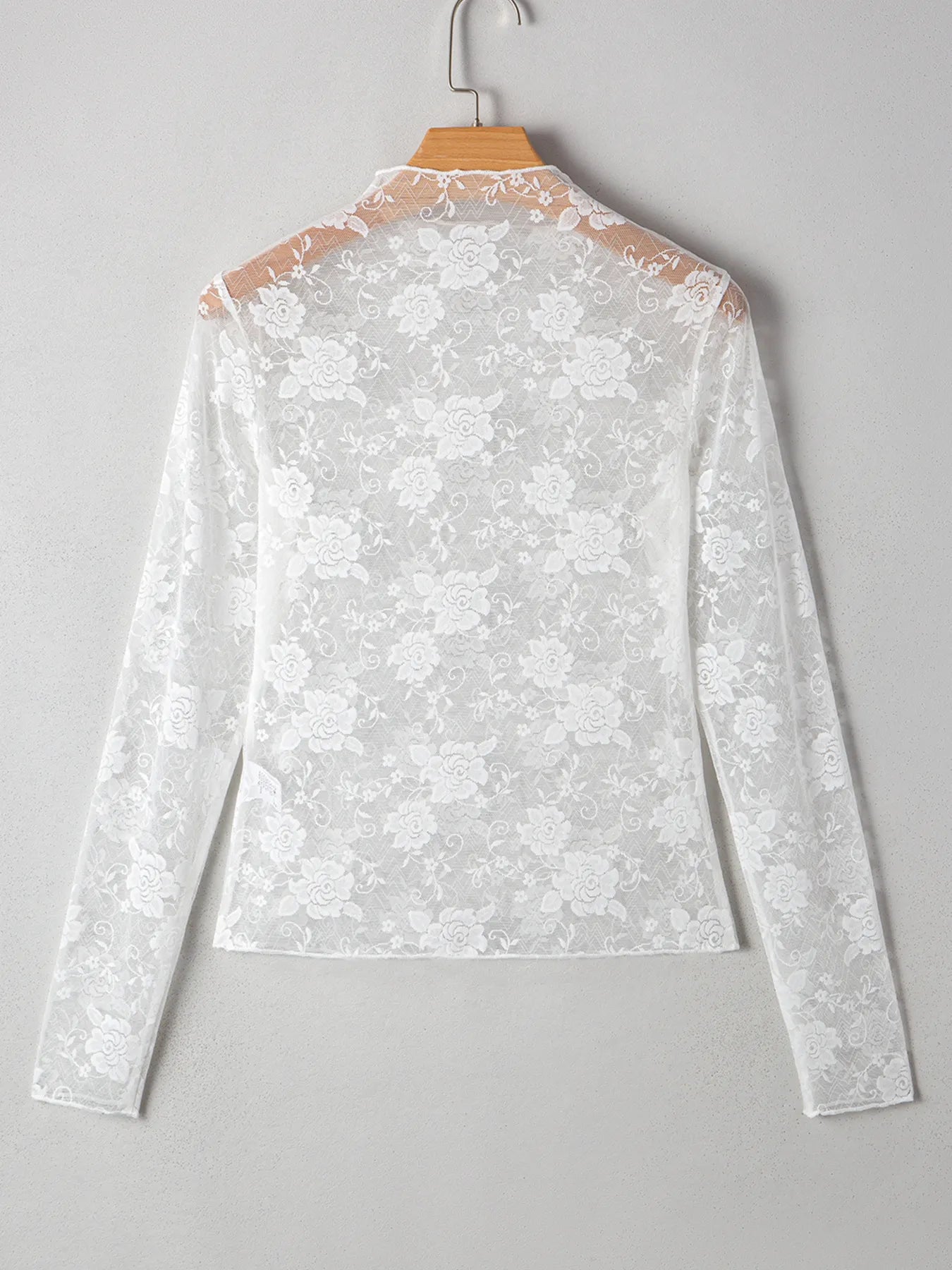 Sheer Floral Lace Mesh Mock Neck Long Sleeve Top