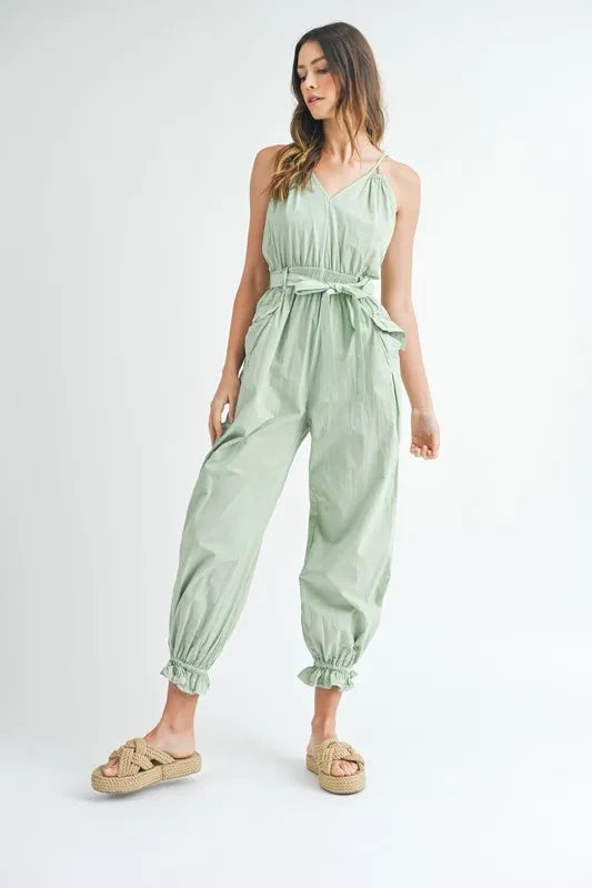 MABLE Washed Fabric Spaghetti Strap Waist Belted Jumpsuit