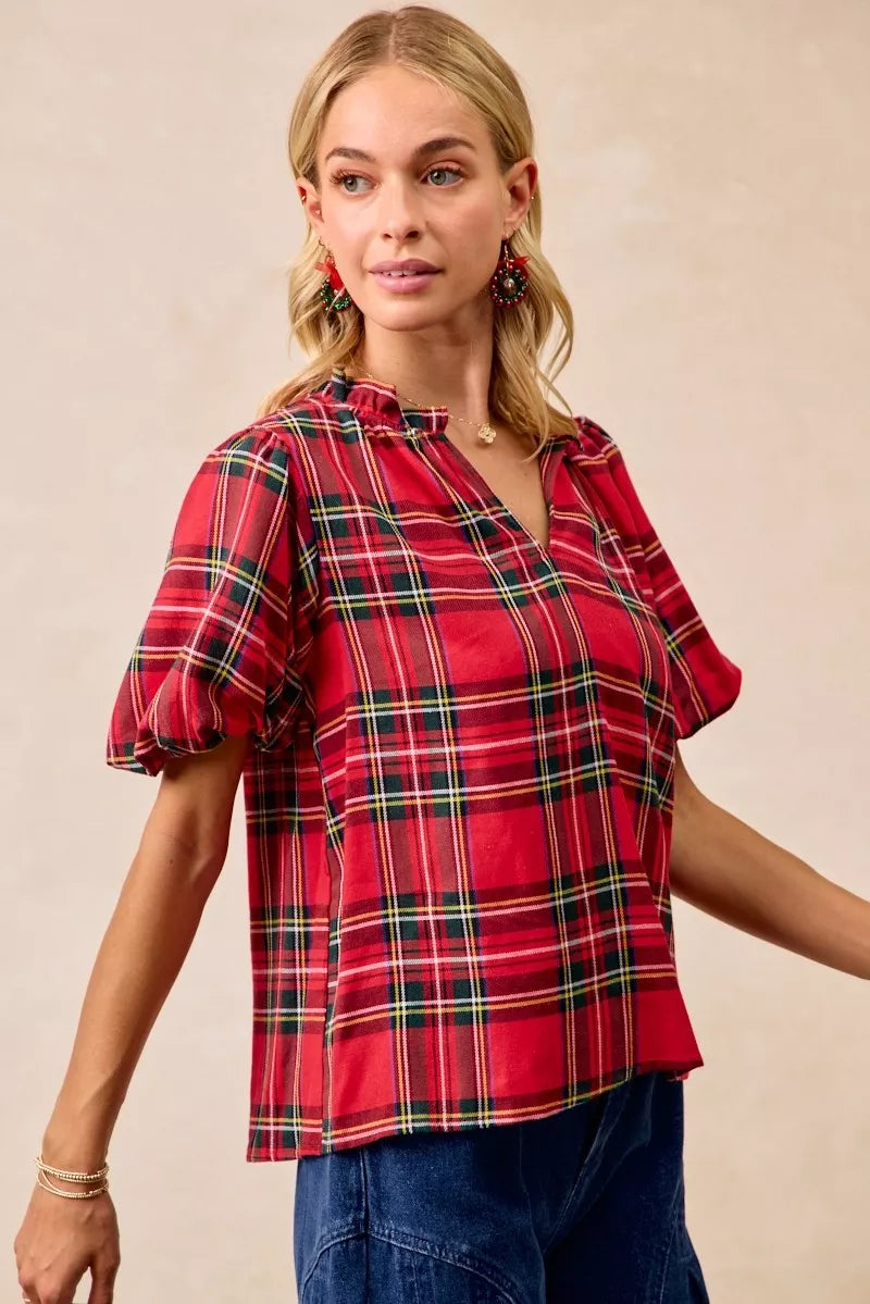 BiBi Christmas Plaid Short Sleeves Ruffled Blouse