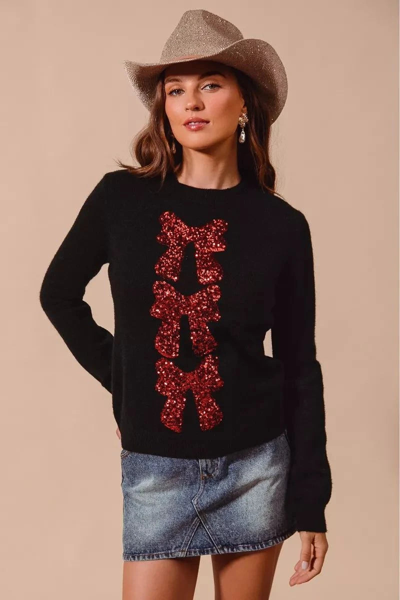 SO ME Sequins Bow Ribbon Embellished Christmas Sweater