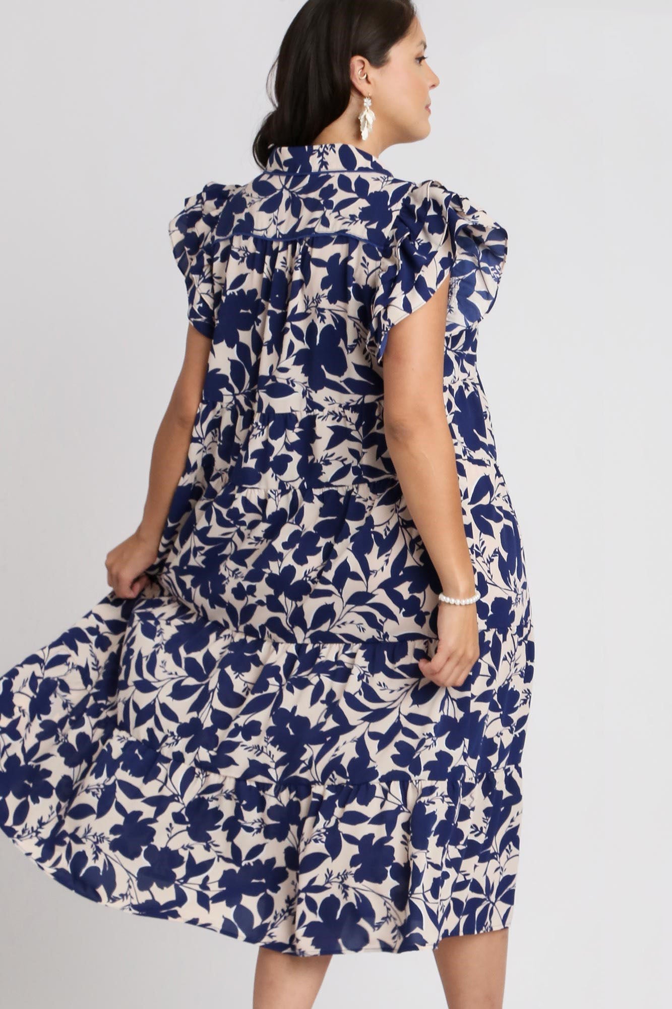 Umgee Floral Collared Ruffle Cap Sleeve Midi Dress