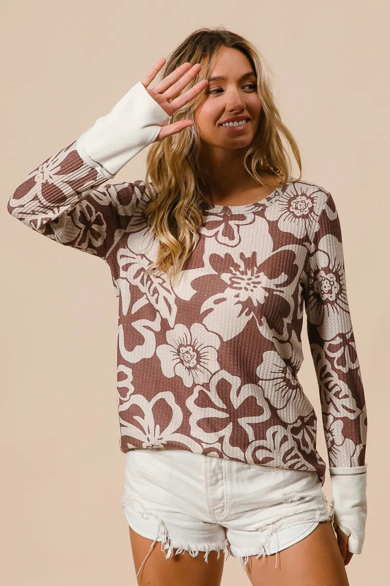 BiBi Flower Printed Waffle Thumb Opening Top