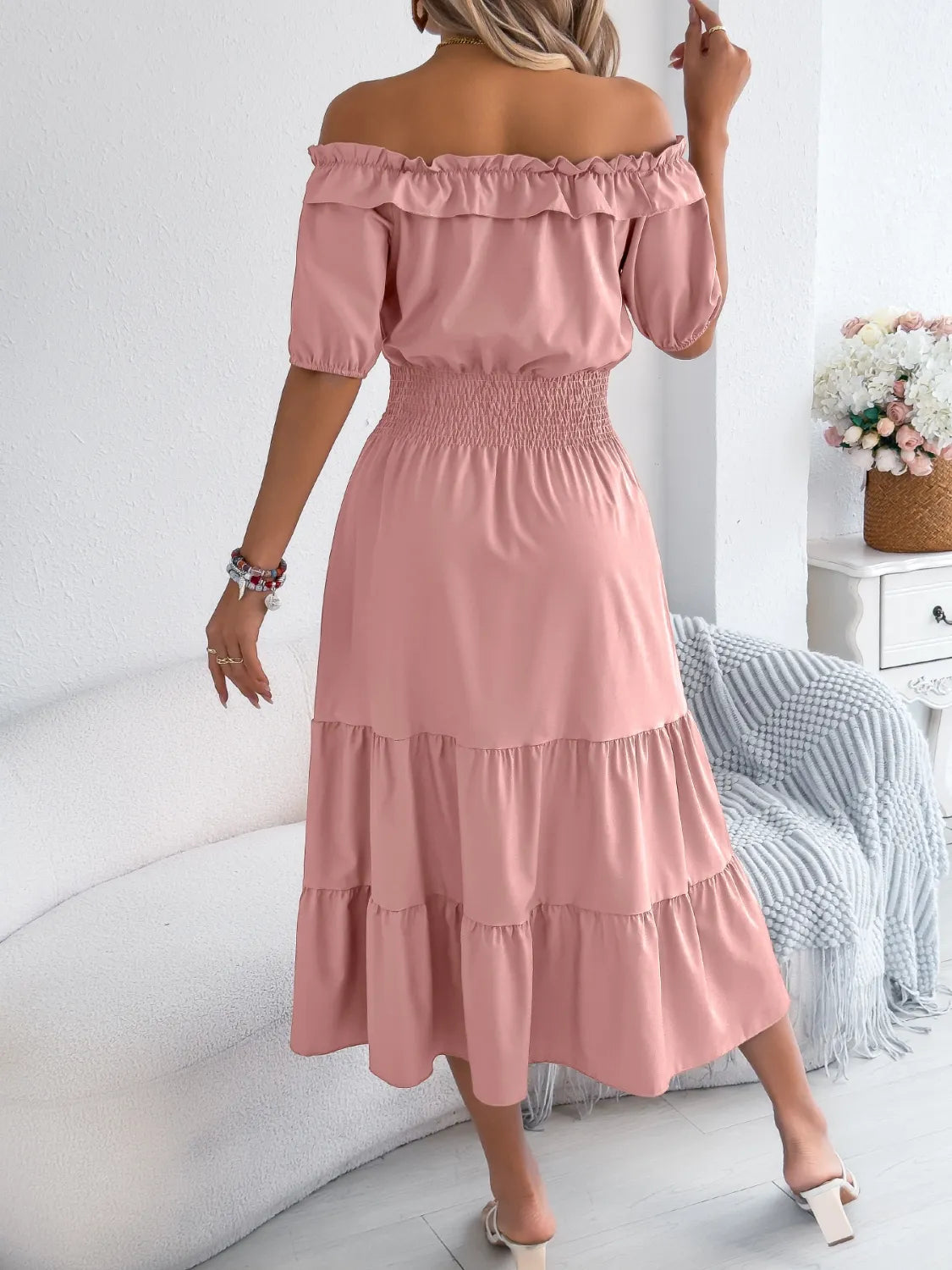 Smocked Off-Shoulder Tiered Dress