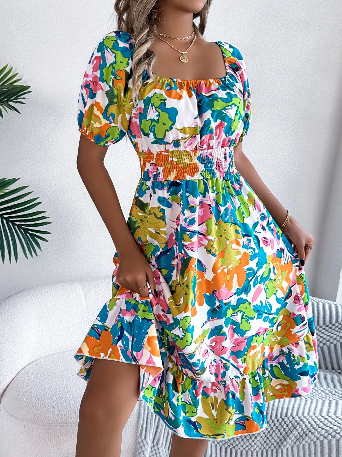 Ruffled Hem Smocked Floral Short Sleeve Midi Dress