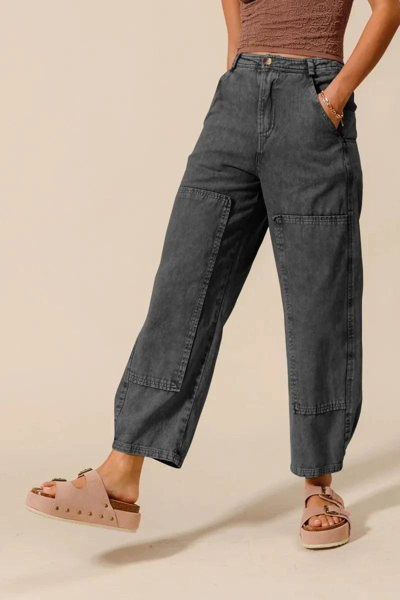 SO ME Mineral Washed Mid Rise Barrel Shape Pants