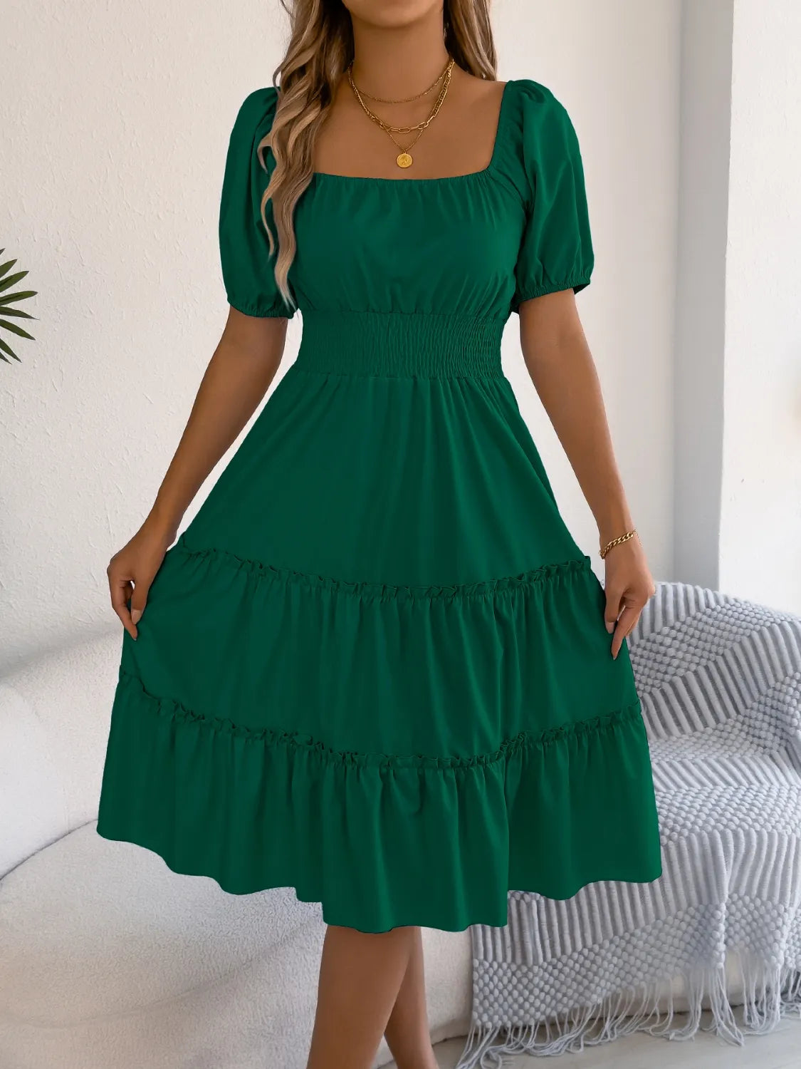 Square Neck Short Puff Sleeve Dress