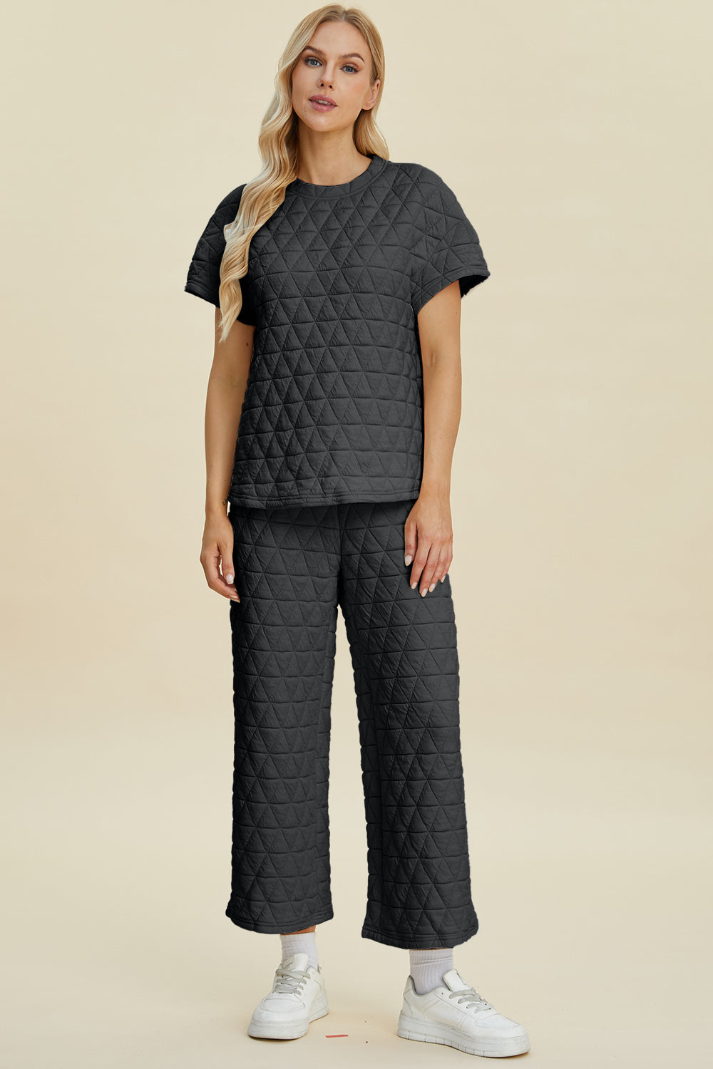 Full Size Texture Round Neck Short Sleeve Top and Pants
