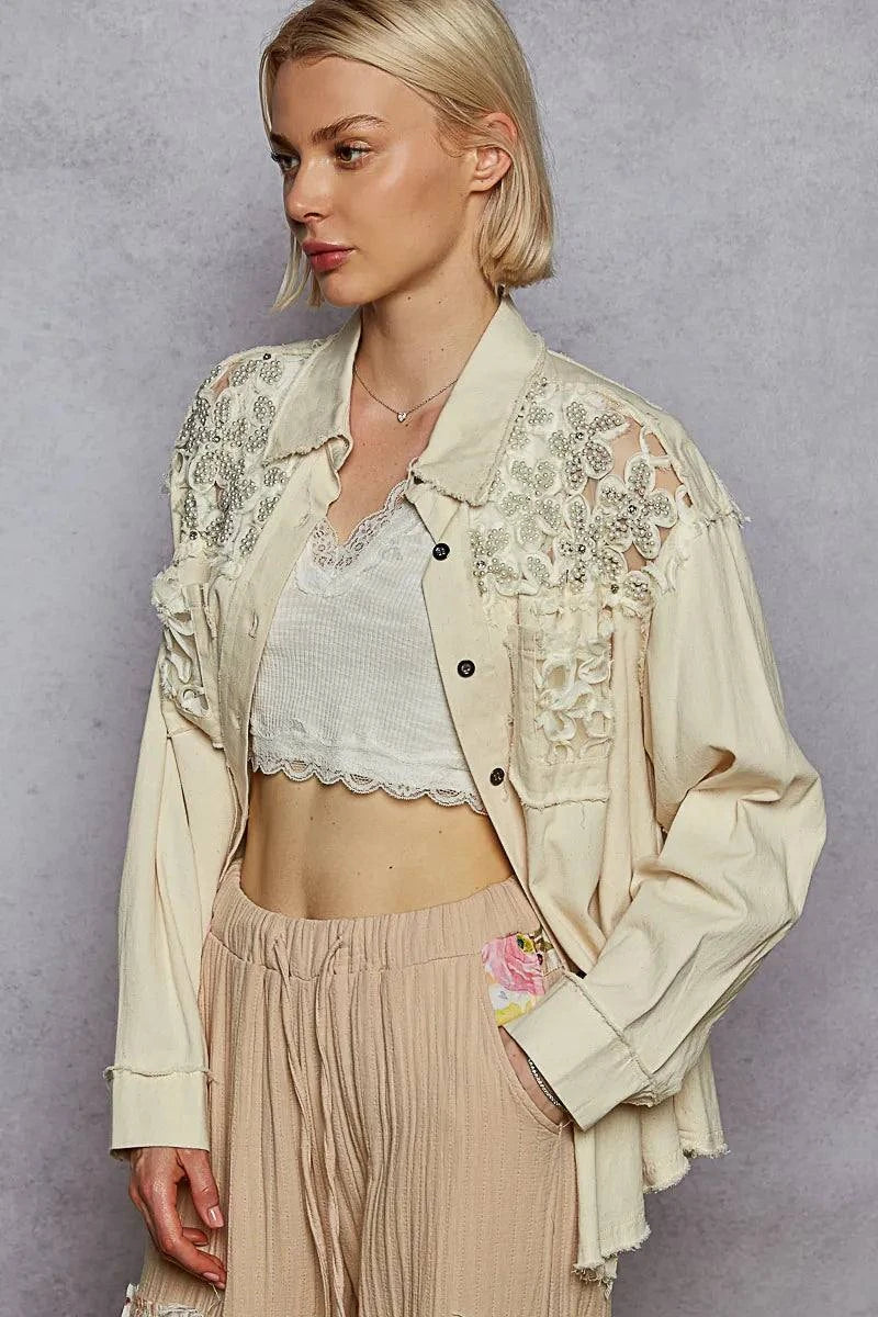 POL Button Down Raw Edg Shirt with Pearl Lace Patch