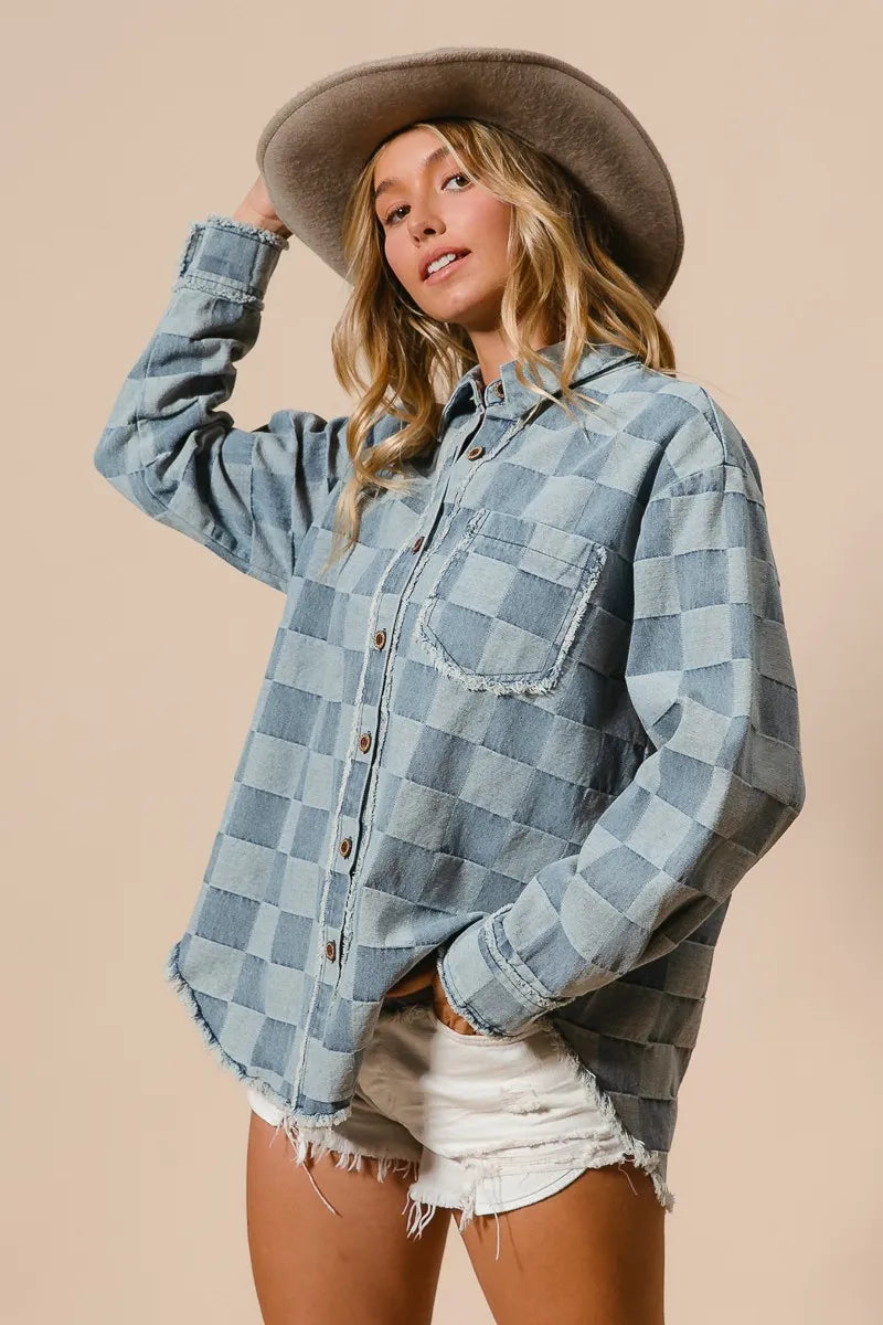 BiBi Frayed Edged Detail Washed Checker Denim Shirt