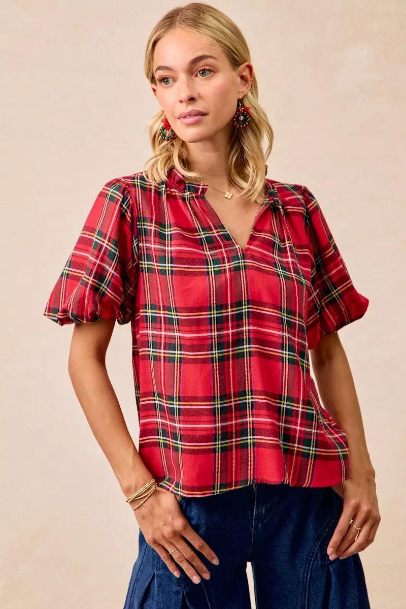 BiBi Christmas Plaid Short Sleeves Ruffled Blouse