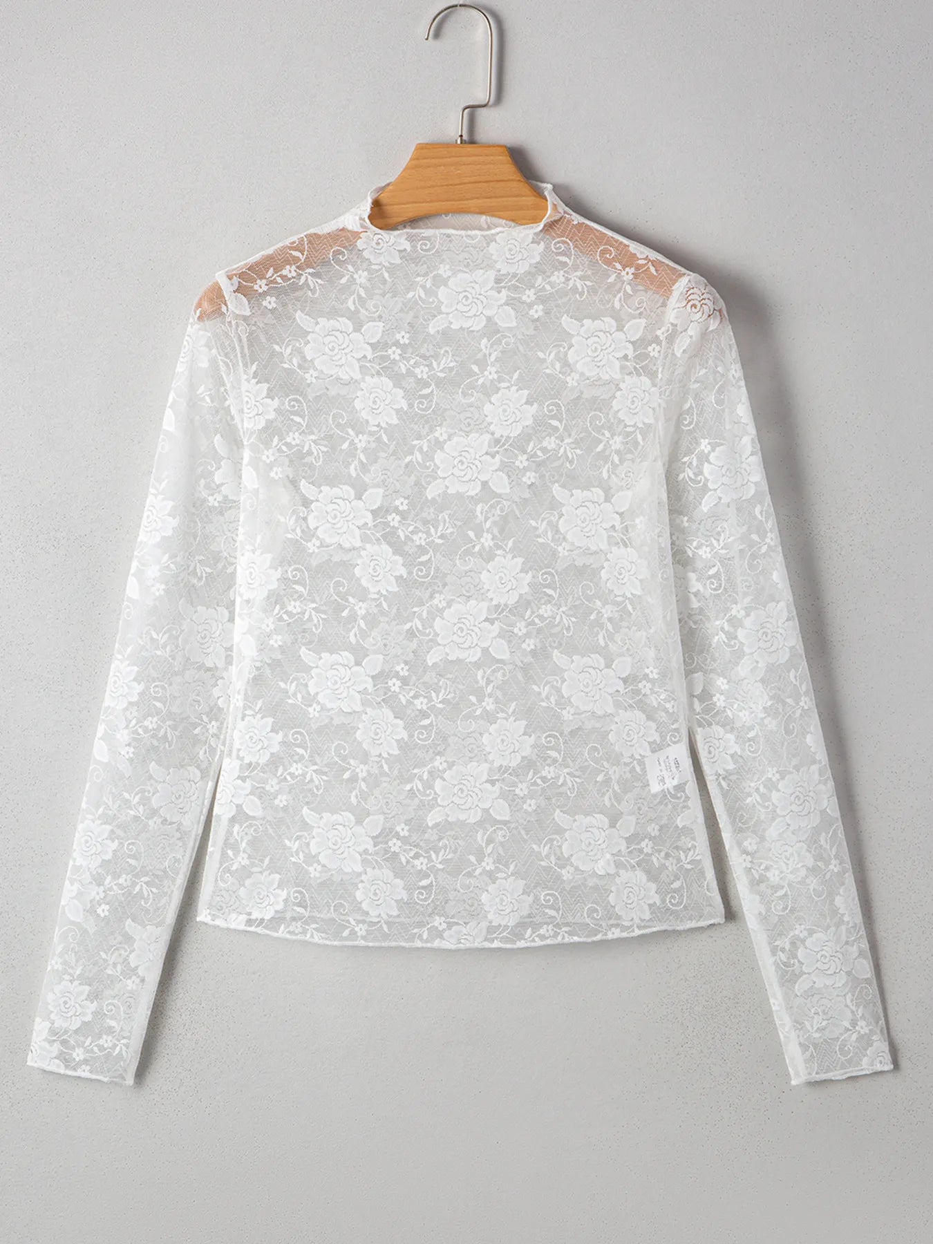Sheer Floral Lace Mesh Mock Neck Long Sleeve Top