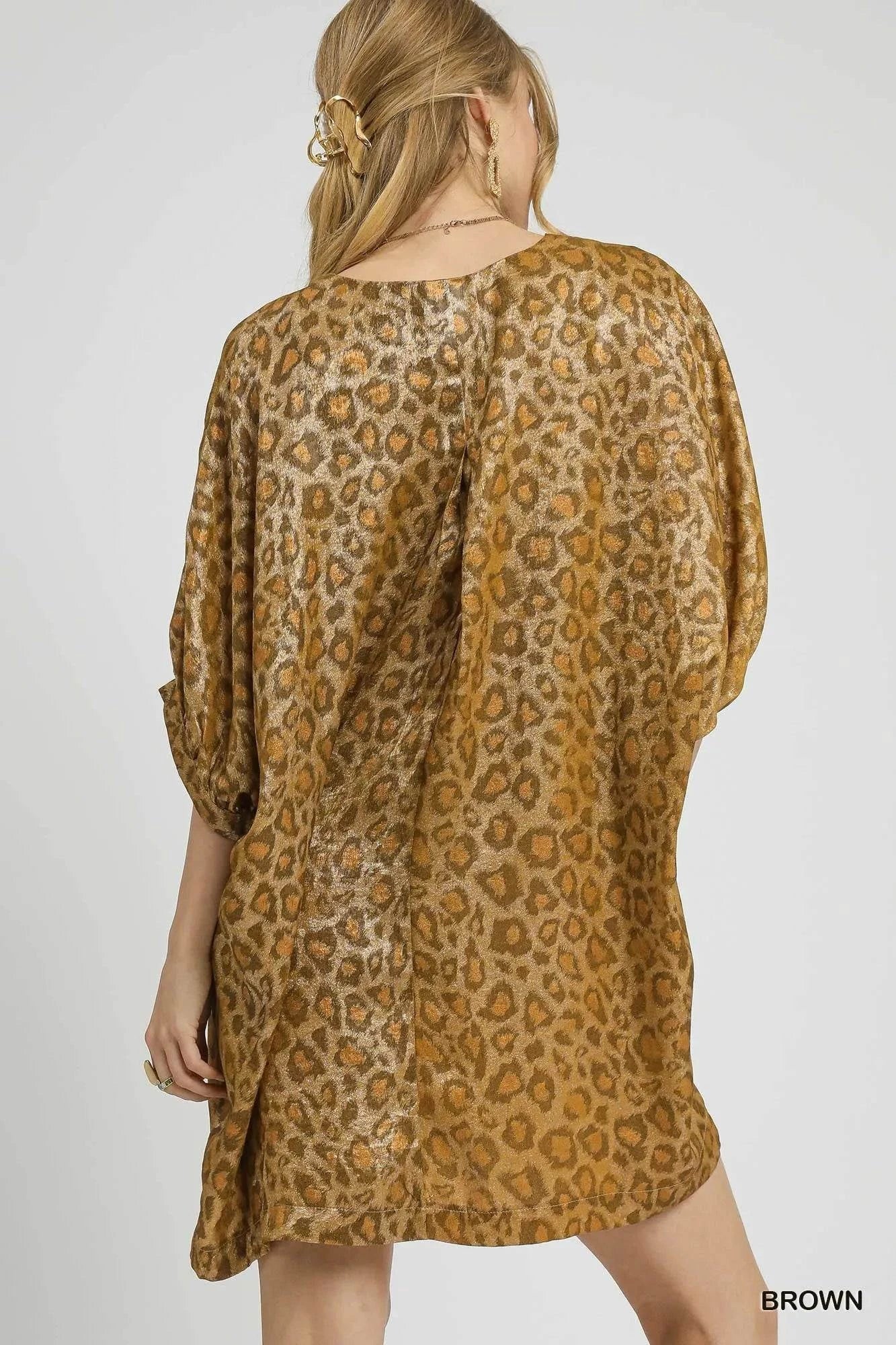 Umgee Metallic Leopard Print V-Neck Kimono Dress