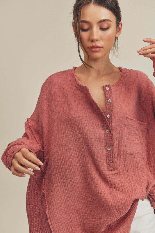 Aemi + Co Exposed Seam Raw Hem Half Button Top