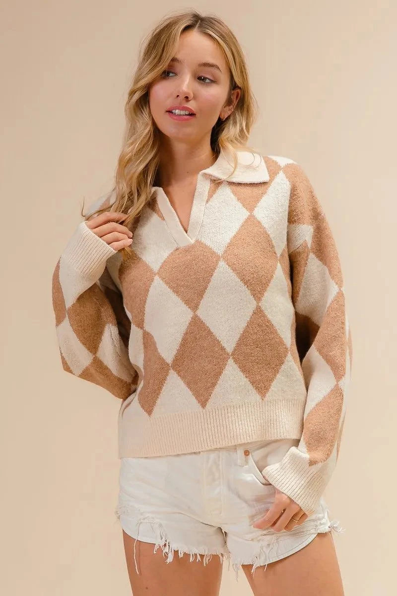 BiBi Diamond Pattern Collared Notch Neck Sweater