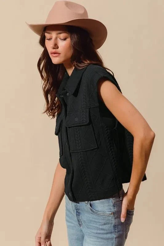 SO ME Cable Quilting Stitch Button Up Knit Vest